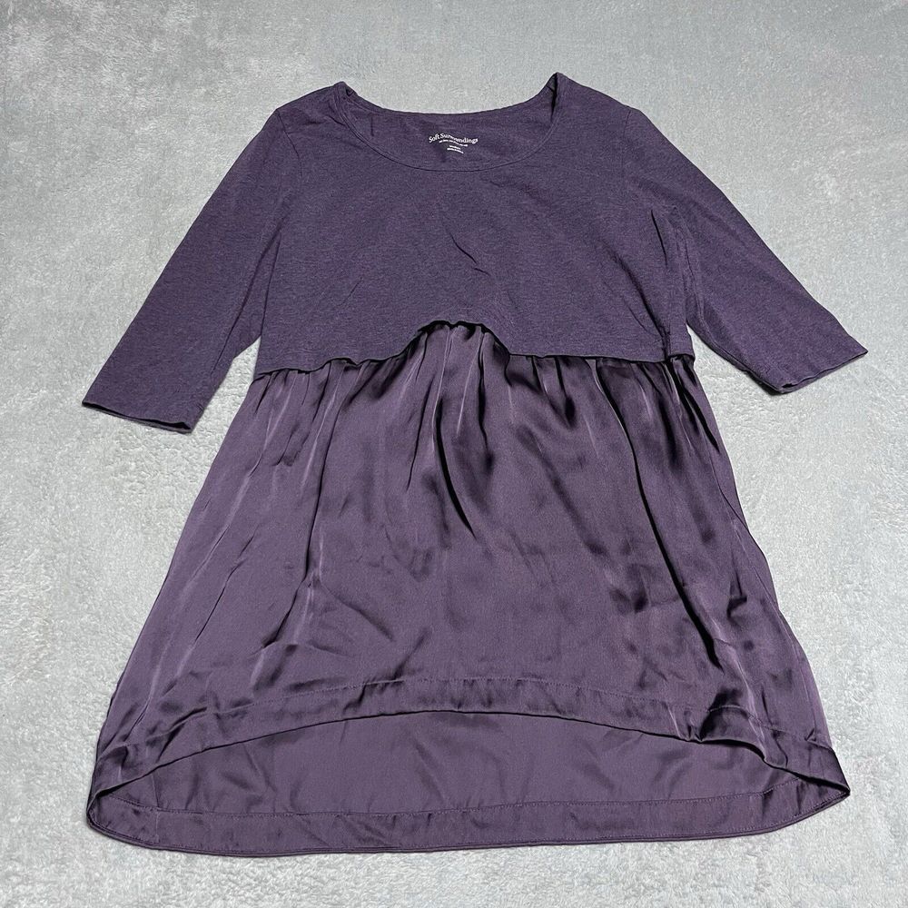 Soft Surroundings Top Womens Medium Purple 3/4 Sleeve Babydoll Tunic Satin‎